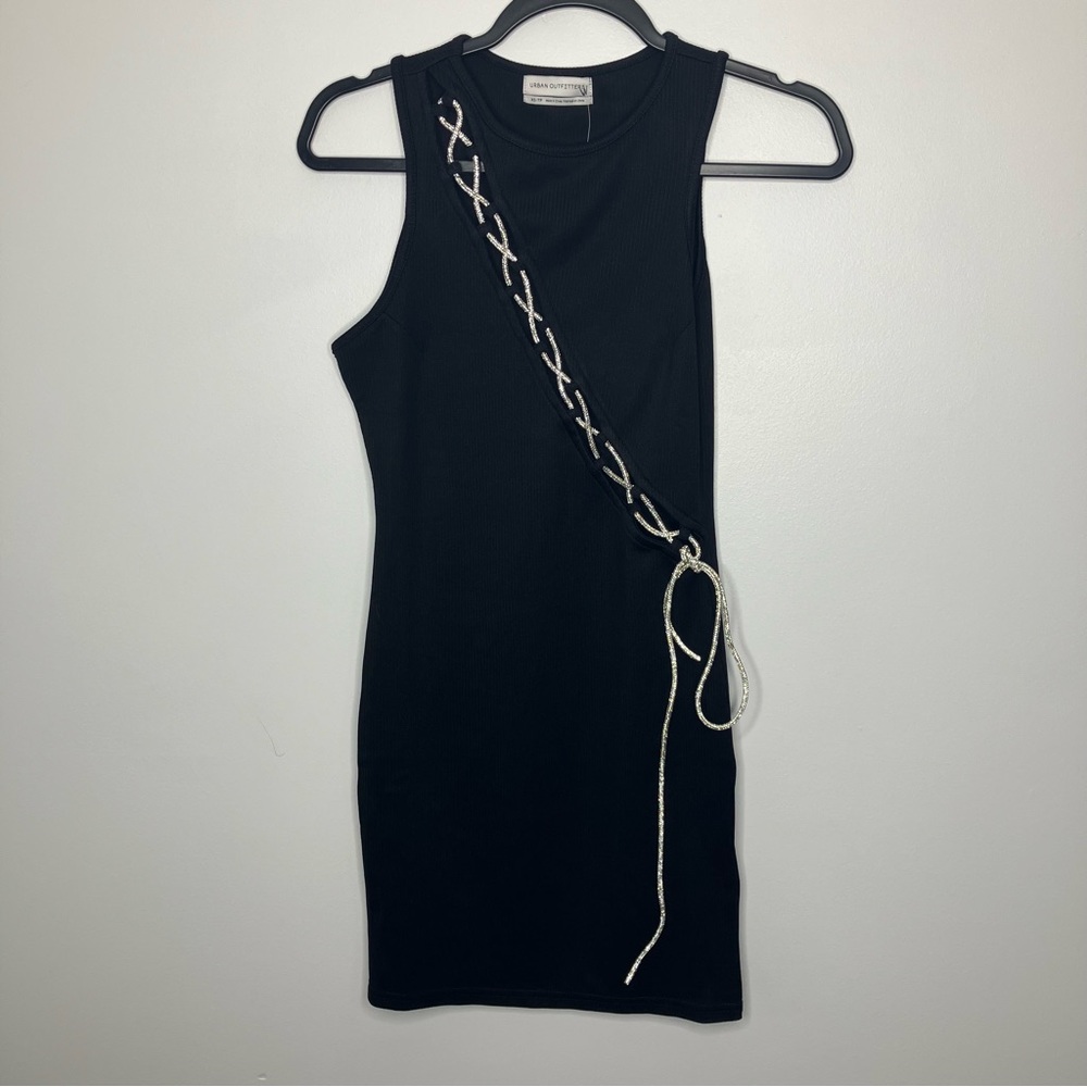 NWT URBAN OUTFITTERS UO Black Ribbed Tank Dress Lace Up Jeweled XS
